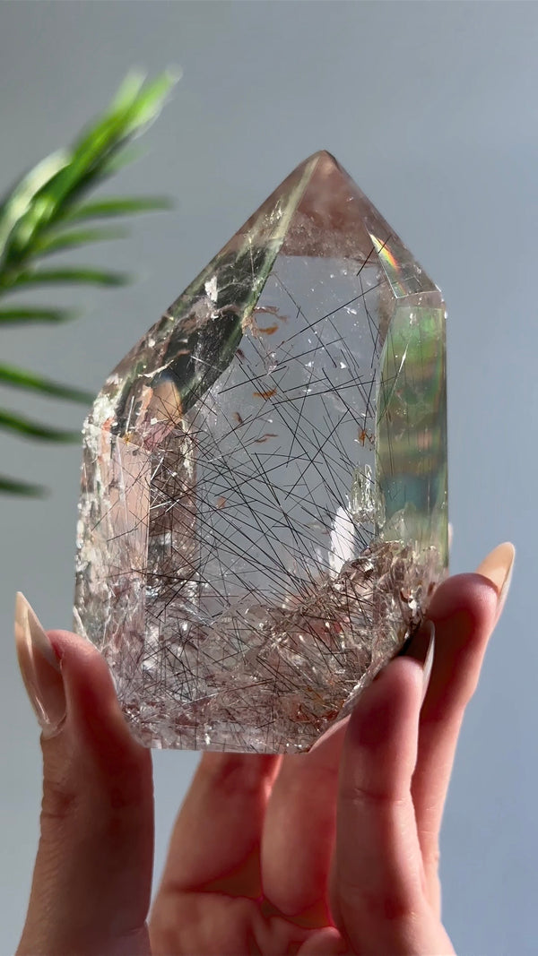 Large Statement Black & Silver Rutile Quartz with Brookite Inclusions Chunky Cut Tower from Diamantina, Brazil