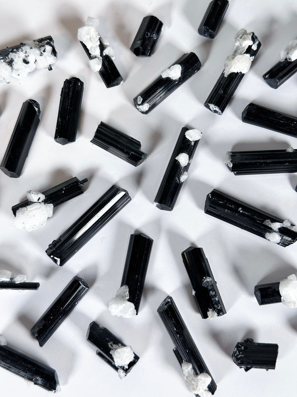 Terminated Black Tourmaline (Schorl) Specimens with Feldspar Inclusions from Skardu, Pakistan