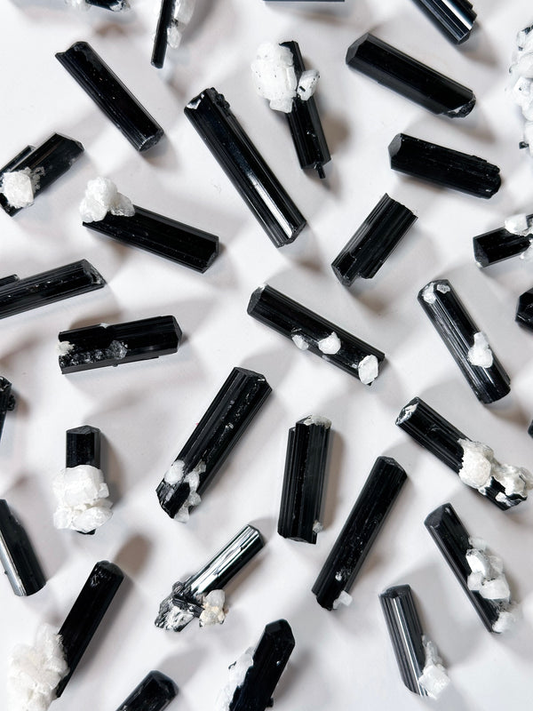 Terminated Black Tourmaline (Schorl) Specimens with Feldspar Inclusions from Skardu, Pakistan