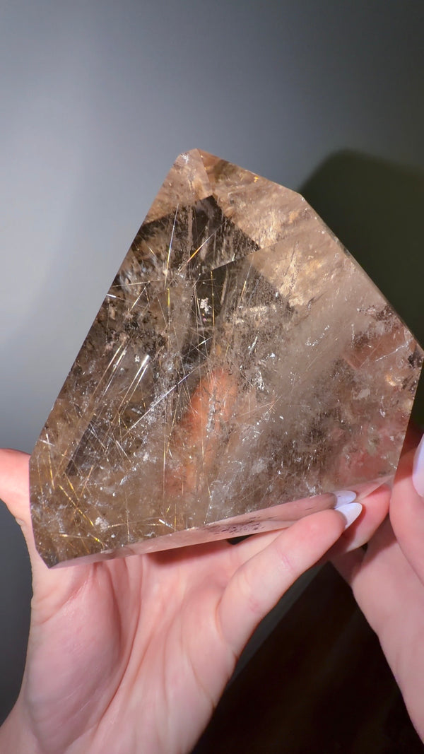 XL Statement Smokey Rutile Quartz Freeform with Golden Rutiles and Lodalite (Garden) Inclusions from Diamantina, Brazil