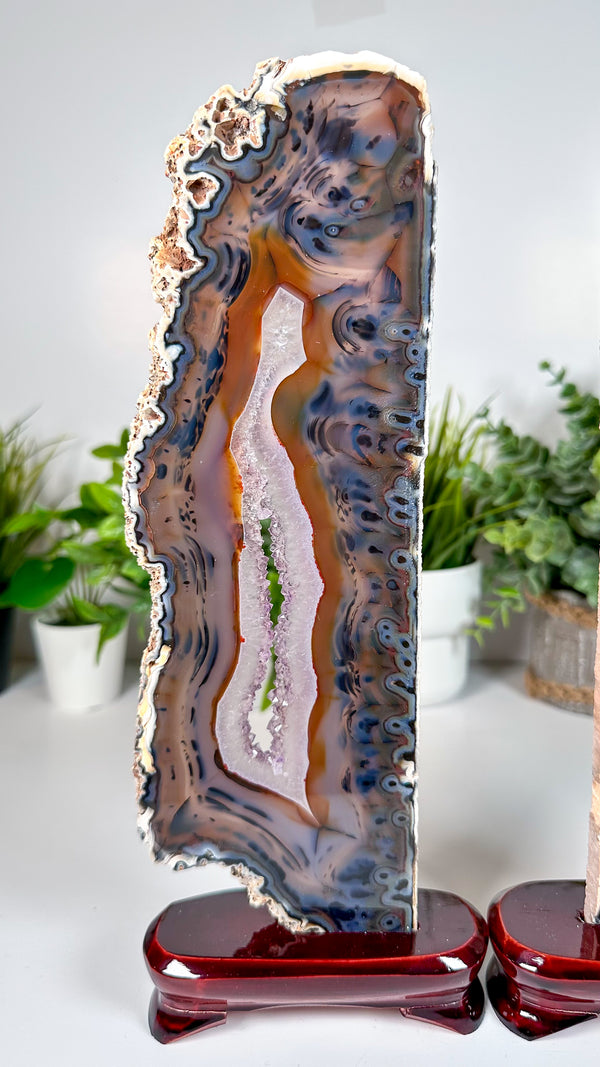Agate Pair from Soledade, Rio Grande do Sul, Brazil • Top Quality Agate Display Slabs Set of 2 with Custom Wooden Stands